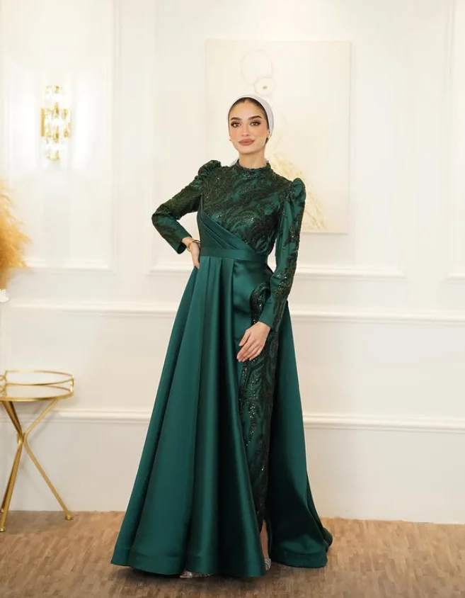Caftan musulman scintillant vert émeraude robes de bal Gillter Applique col haut manches longues froncé caftan robe de soirée sur mesure