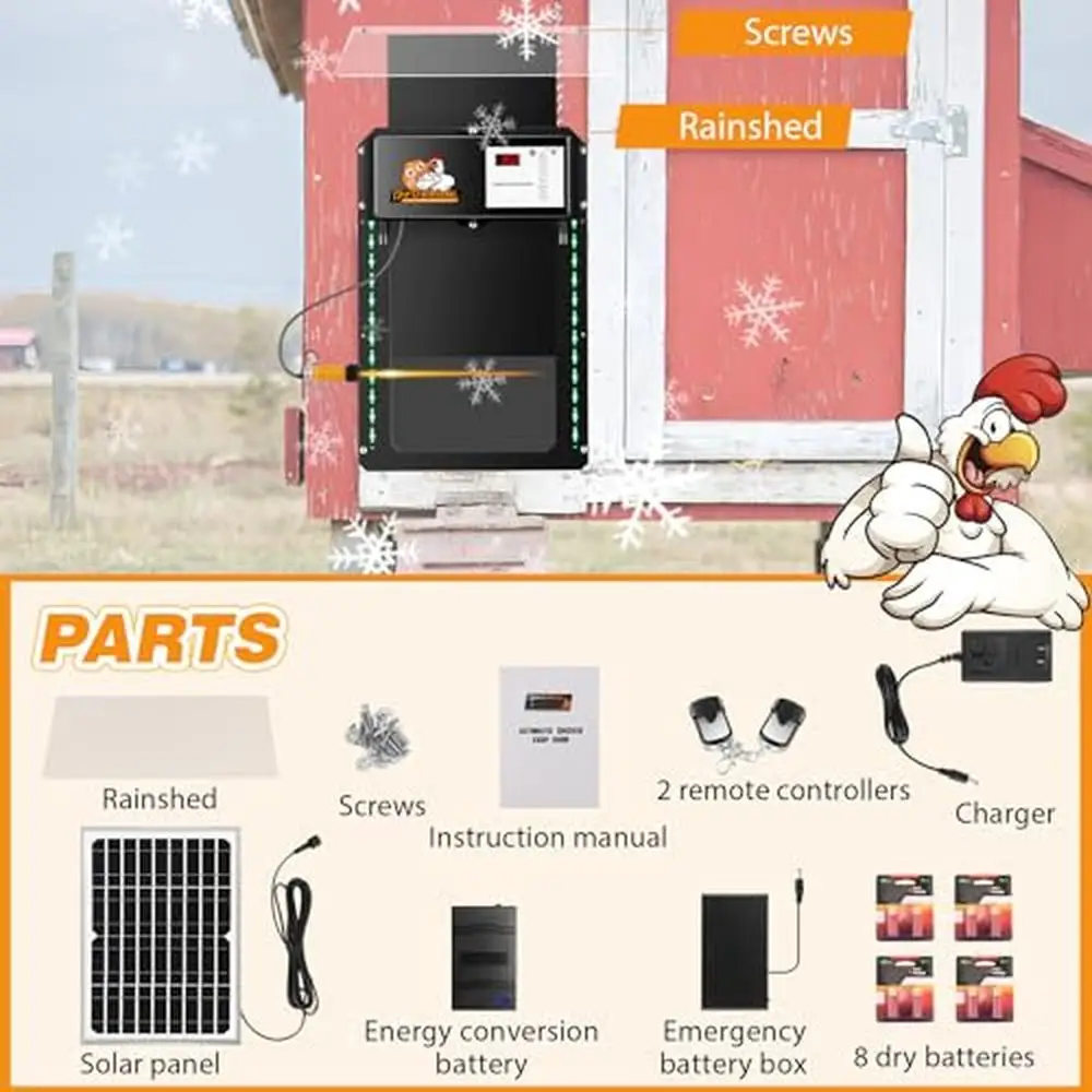 Automatic Solar Chicken Coop Door Timer Light Sensor Remote Controllers Solar Panel Dry Batteries Kit Outdoor Installation