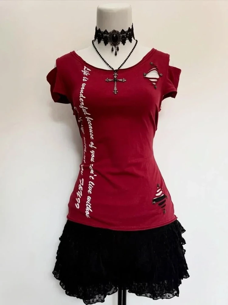

2025 American New Shoulder Retro Short-sleeved Letter Tees Women Spice Girl Slim T-shirt Summer Design Subculture Y2k O-neck Top
