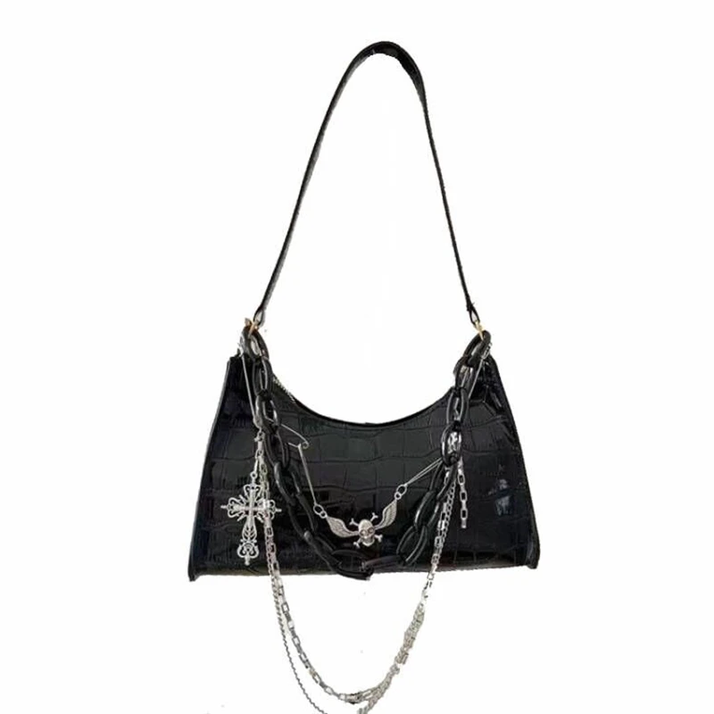 Gothic Dark Punk Unterarmtasche mit Totenkopf Umhängetasche Y2k Kette Krokodilmuster Umhängetasche Koreanische beliebte ästhetische Taschen – Detail 21