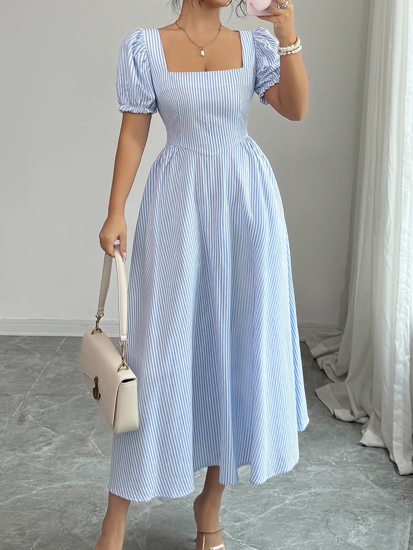 

Women's Dress Best seller Blue Striped Square Neck Puff Short Sleeve High Waist Midi Dress Casual Daily Party Beach Vacation