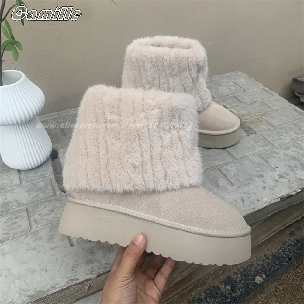 

Solid Cow Suede Sleeve Mid-Calf Fur Boots Winter NEW Fashion Casual Lady Snow Boots Round Toe Platform Short Plush Boots
