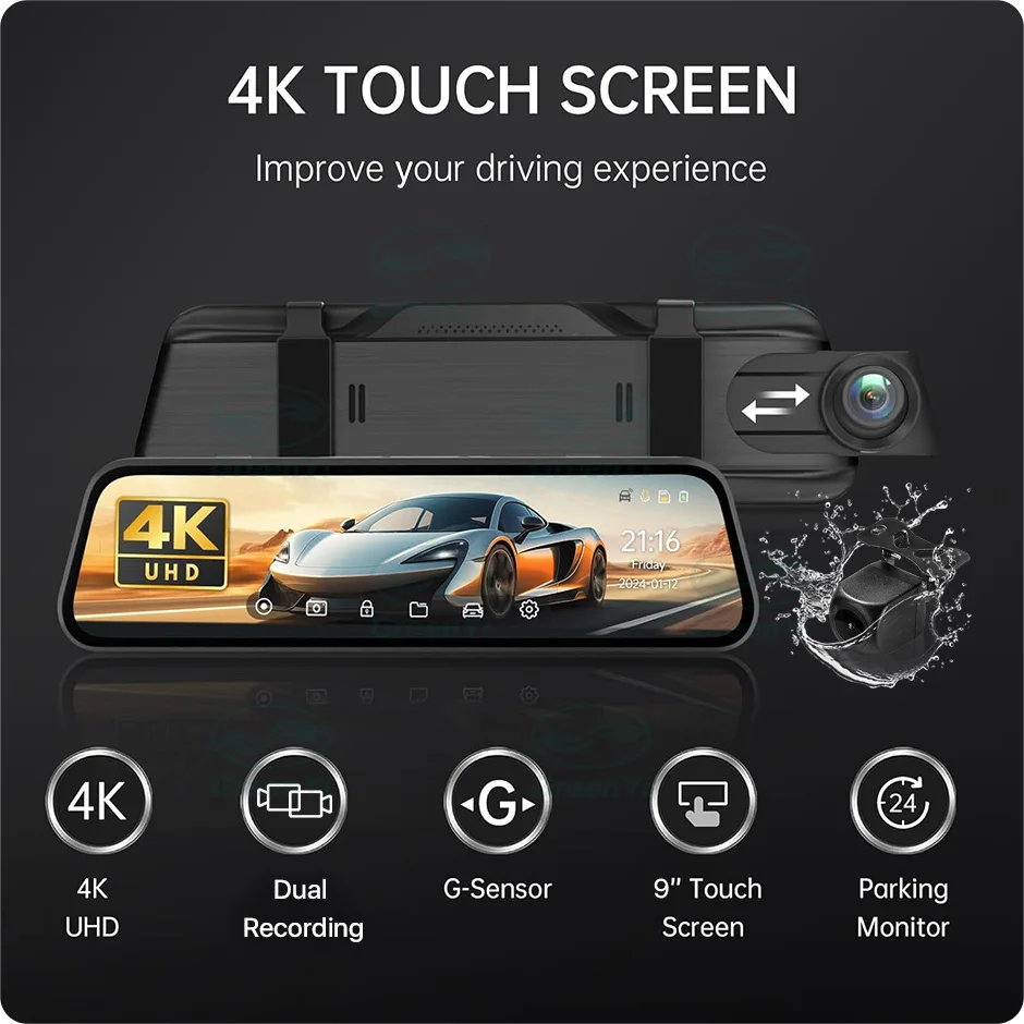 GreenYi 9 Inch Recorder Car DVR Parking Mirror Monitor 4K Front 1080 Rear Automobile HD Dash Cam Dual Lens WIFI 24H GPS Optional