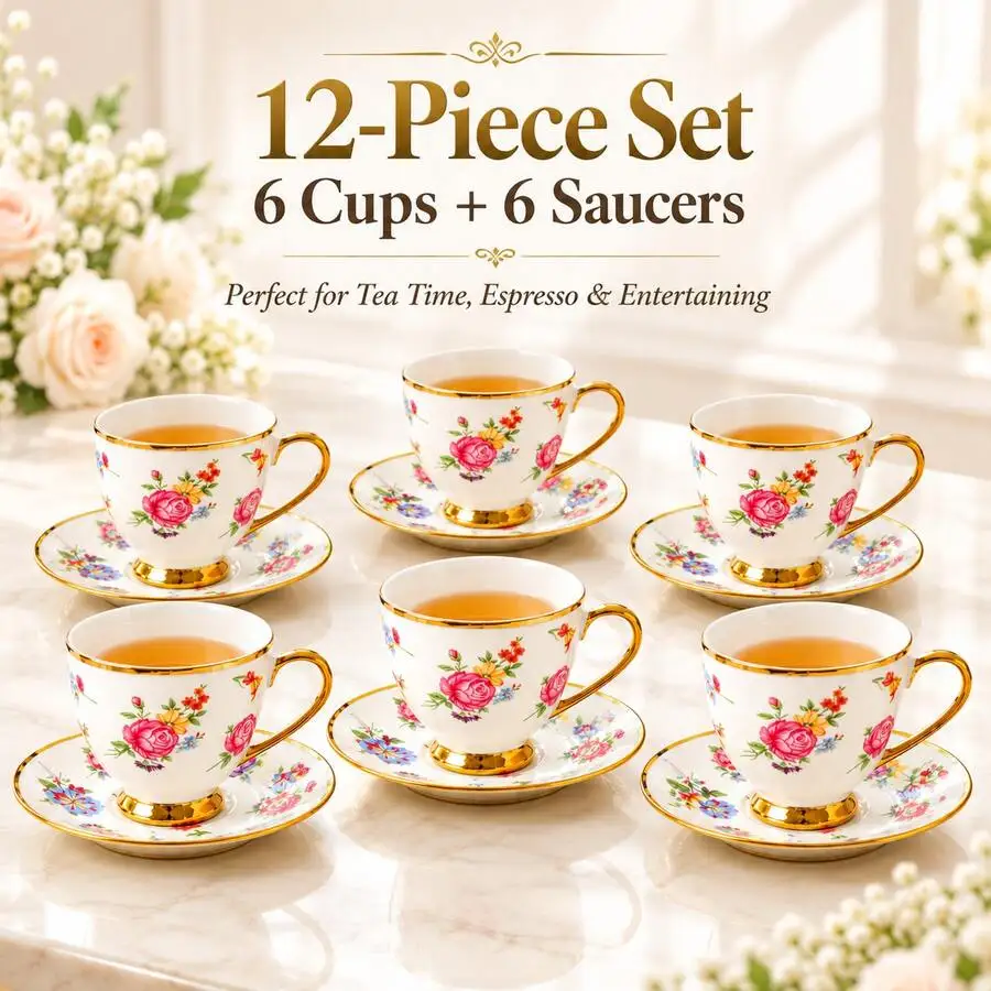 12-Piece 90ml/3oz Floral Espresso Cups With Saucers, 6 Cups + 6 Saucers, Gold Rim Demitasse Coffee & Tea Cup Set, Vintage Flower