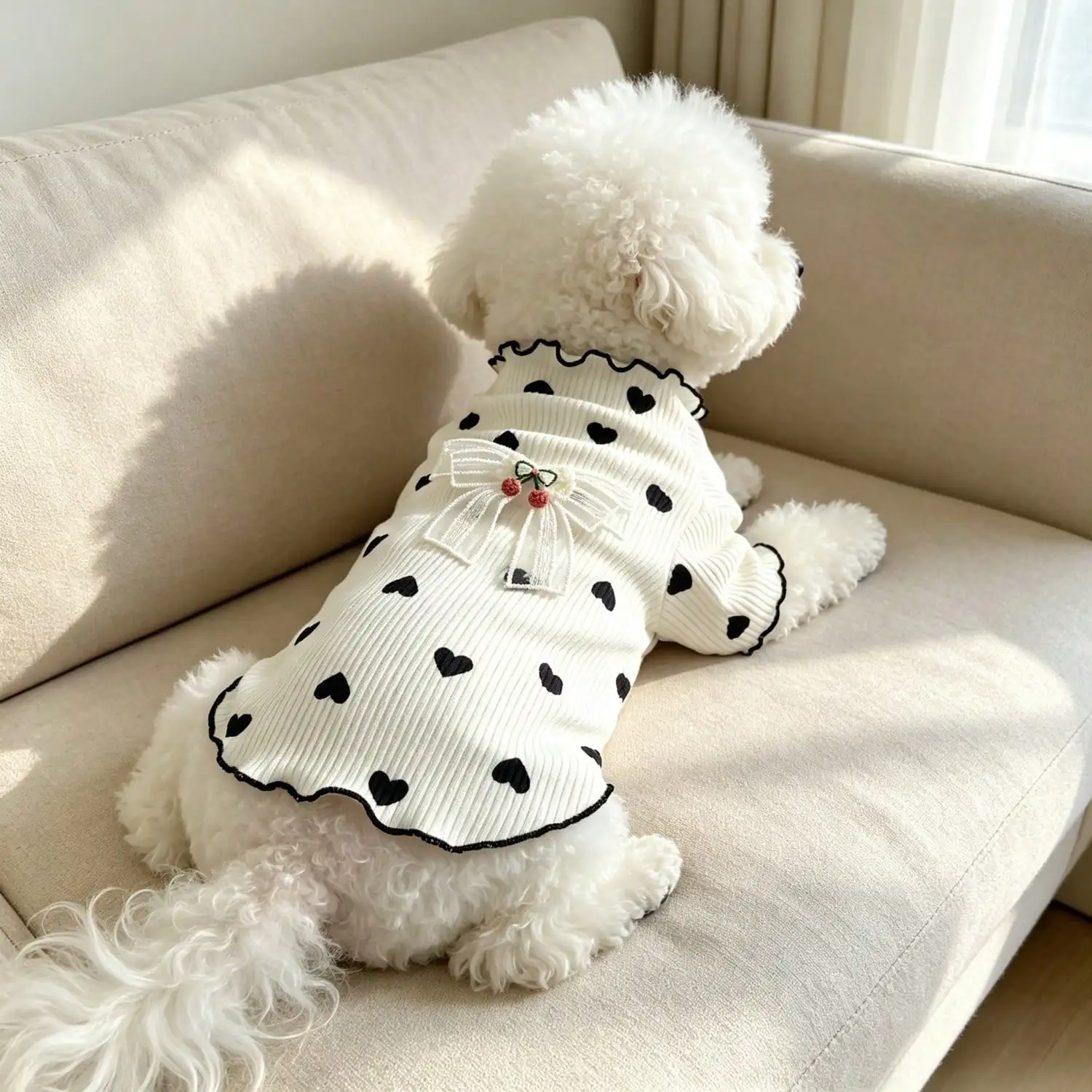 1 Stück Haustier-Hundetop mit Herz-Print, Rüschenbesatz, niedlicher Netzschleife und Kirschdekoration, Pullover-Shirt, weiche Strickkleidung – Detail 7