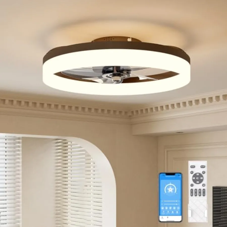 Low Profile Ceiling Fans with Lights and Remote, 19.7in Fandelier Ceiling Fan with Light, 3000K-6500K Dimmable Bladeless LED Fa