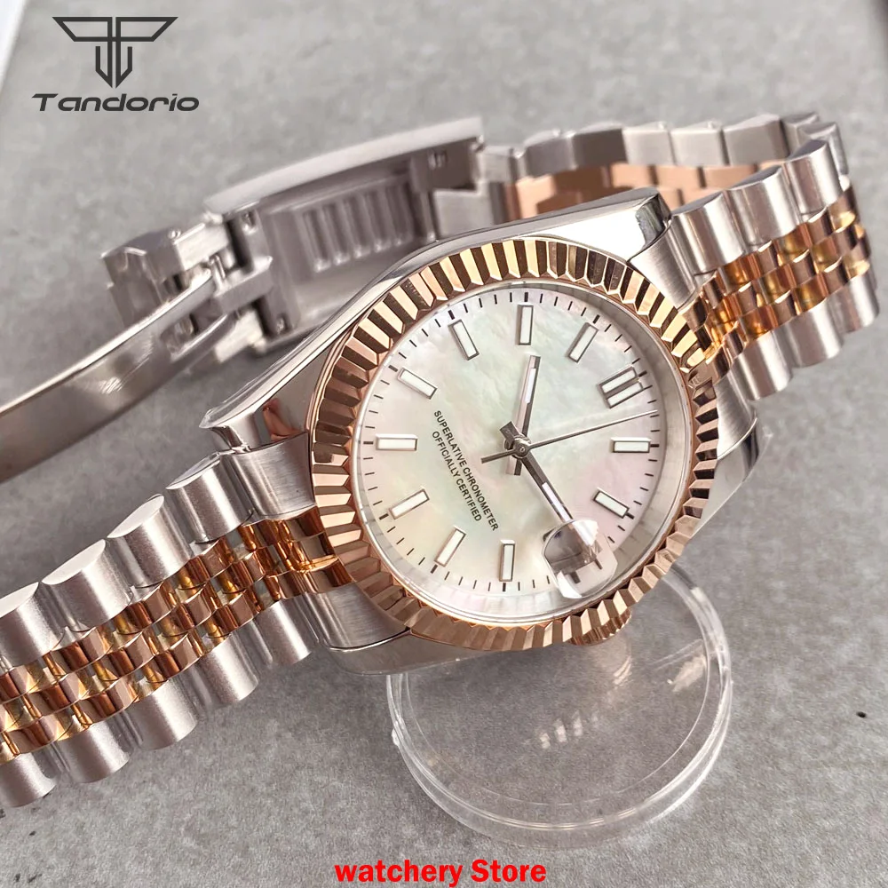 Tandorio 36mm 39mm Silver Rose Two Tone Date White Mother of Pearl Dial Sapphire Glass NH35 Automatic Movement 200m Waterproof