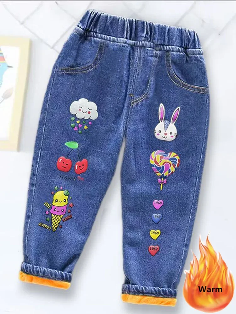 Boys/Girls Winter Plus Velvet Jeans Print Warm Kids Vaqueros Thicken Casual Harem Denim Pants Elastic Waist Children Pantalones