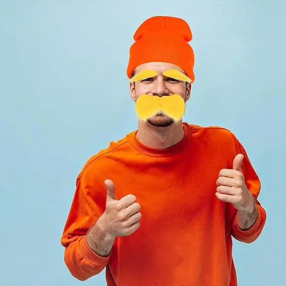 

Halloween Party Orange Fancy Dress Costume Set Knitted Hat Ginger-coloured Self-adhesive Beard and Eyebrow Suits for Unisex