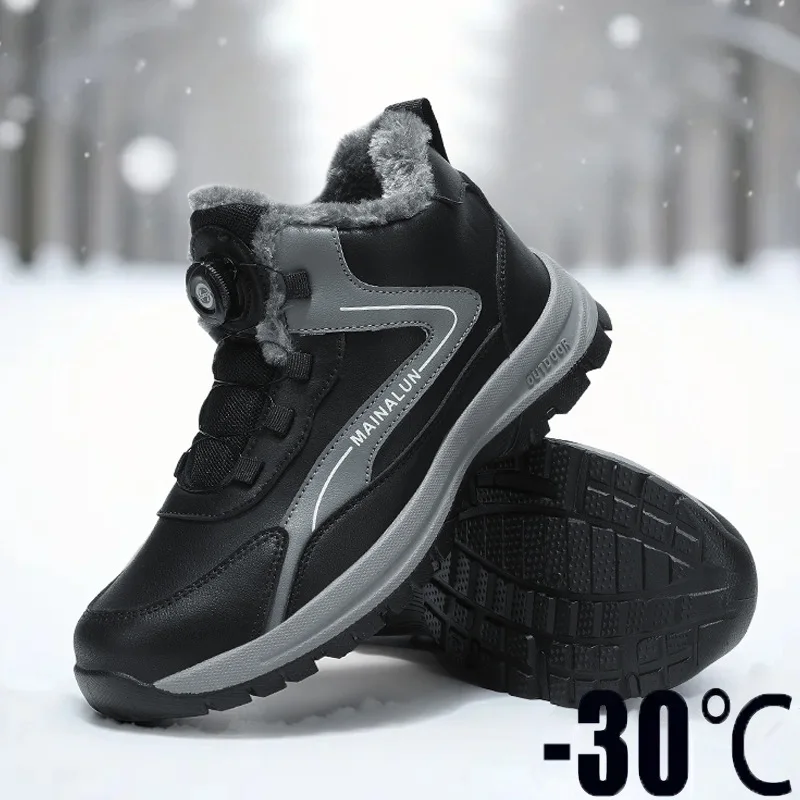 Men Winter Hiking Boots Rotary Buckle Fleece Lined Waterproof Non-slip -30℃ Cold Resistant Outdoor Snow Boots Plus Size 38-48