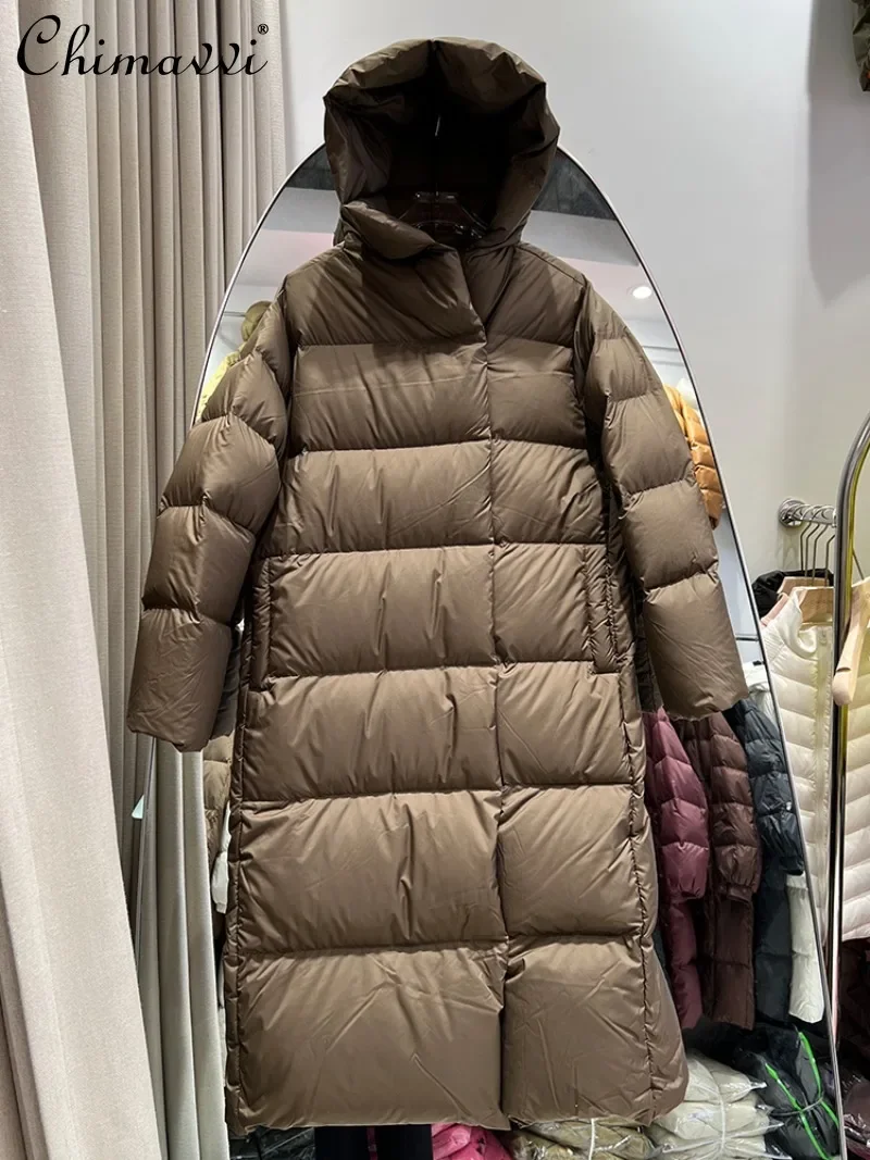 

2024 New High-end Medium and Long Hooded Slim-fitting Over The Knee Thickened Solid Color Warm White Duck Down Jacket For Women