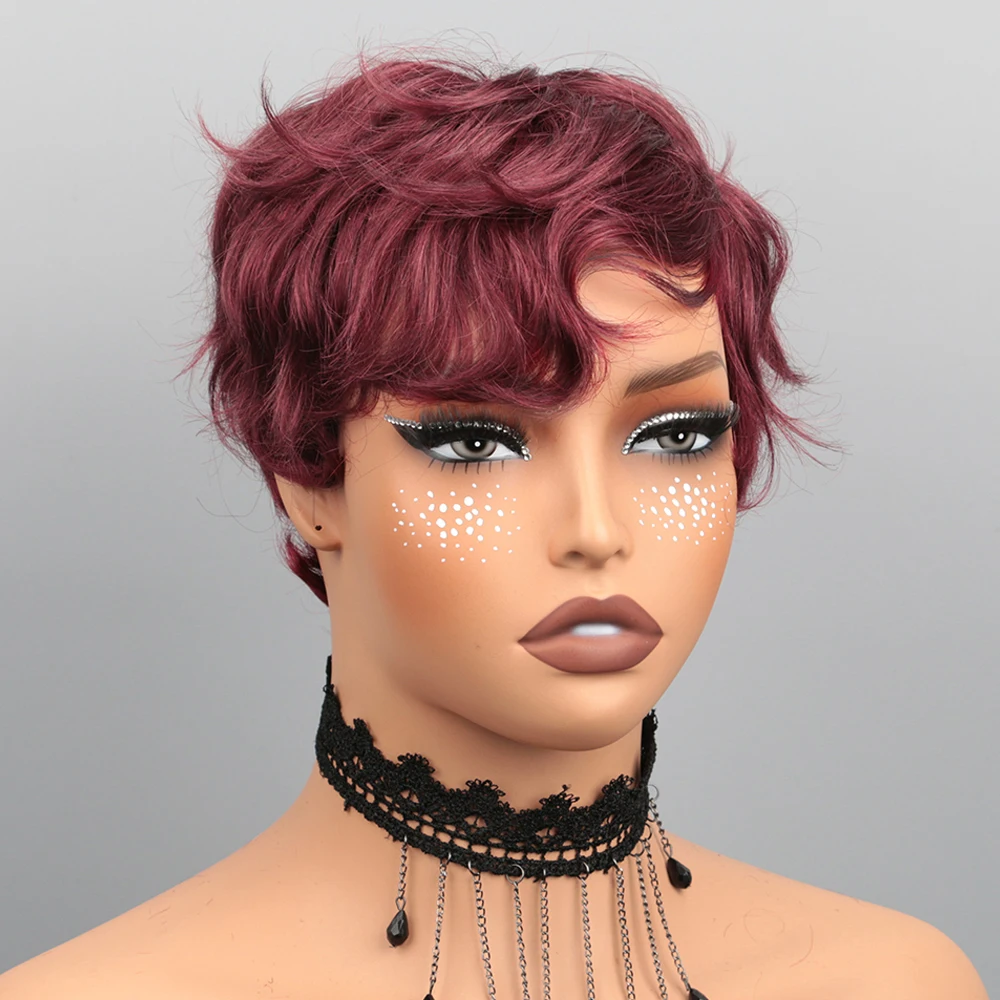 99J Burgundy Short Pixie Cut Wig Human Hair Brazilian 100% Human Hair Glueless Pixie Wig With Bangs For Women Full Machine Wigs