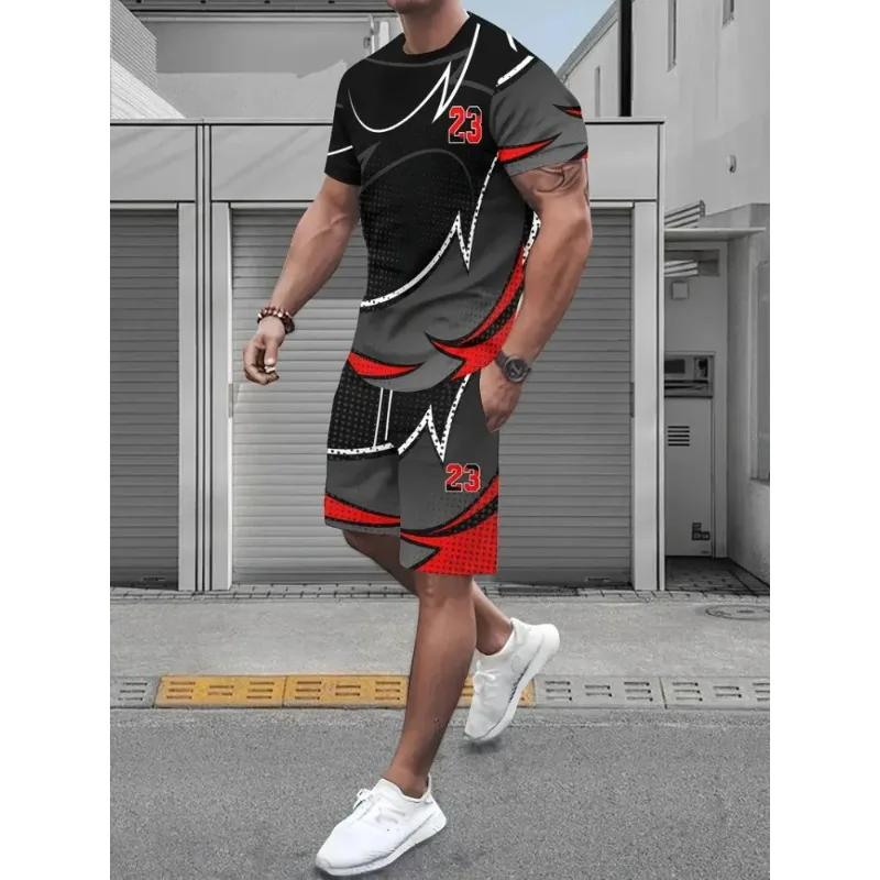 2025 Creative Geometry 3D Printed Outdoor Casual Street Wear Summer Urban Trend Men's Casual Short sleeved Shorts 2-piece Set