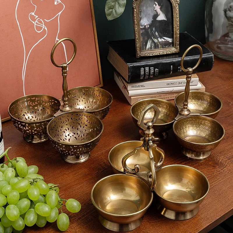 European Vintage Brass Snack Plate, Household Dried  Fruit Tray, Triple Candy Bowl, Mia Home Handheld Fruit Tray