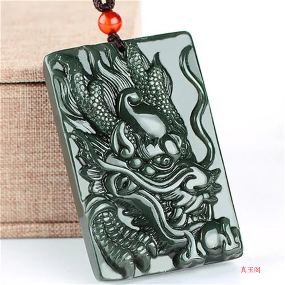 Trendy Natural Dark Green HeTian Jade Carved Chinese Dragon Lucky Big Pendant Amulet Necklace for Man Vintage Charm Fine Jewelry