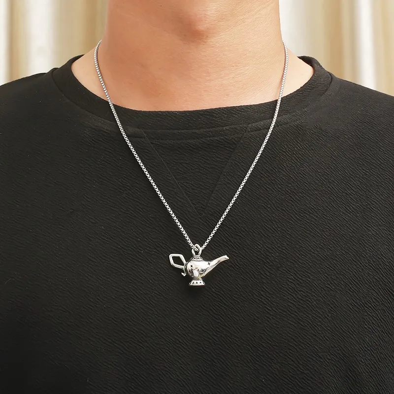 KALEN Stainless Steel Teapot Pendant Necklace for Women Men Simple Charm Neck Mythical Aladdin Lamp Party Jewelry Gifts