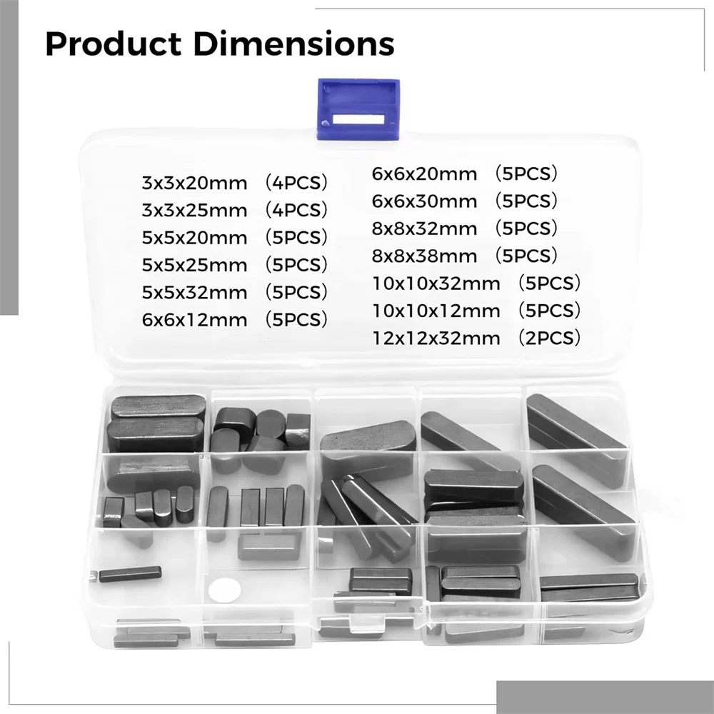 60pcs Woodruff Key Stock Assortment Carbon Steel Round Ended Feather Key Parallel Drive Shaft Keys Square Key for Crankshaft