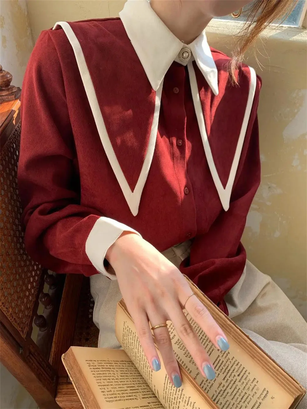 Long Sleeved Shirt Spring  Autumn New Korean College Style Color Blocked Lapel Top Fashion Loose Versatile Blouse For Women