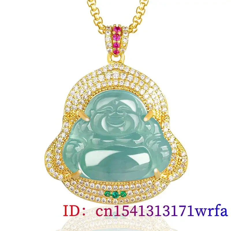 Blue Jadeite Maitreya Pendant Stone Carved Designer Jewelry Necklace Choker Real Burmese Jade Natural Talismans 18K Gold Plated