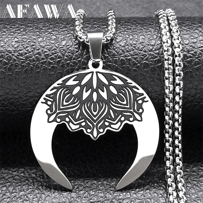 Aesthetic Crescent Moon Lotus Flower Mandala Necklace for Women Men Stainless Steel Goth Witch Chain Jewelry collier N9604S02