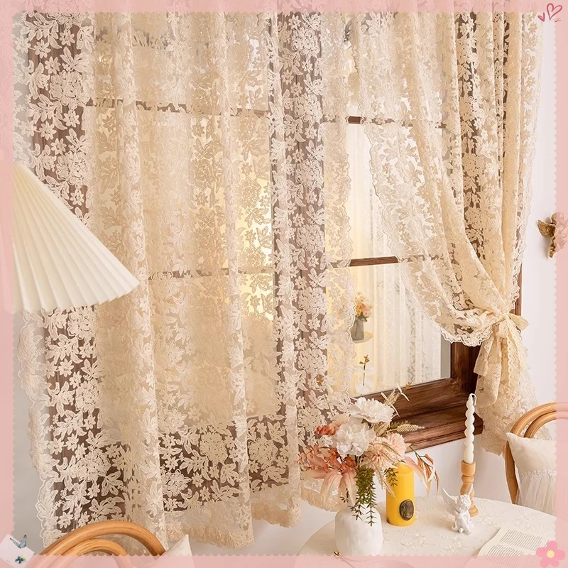 

French retro pastoral court style lace embroidery cream gauze curtain bay window curtain non-punching partition half curtain