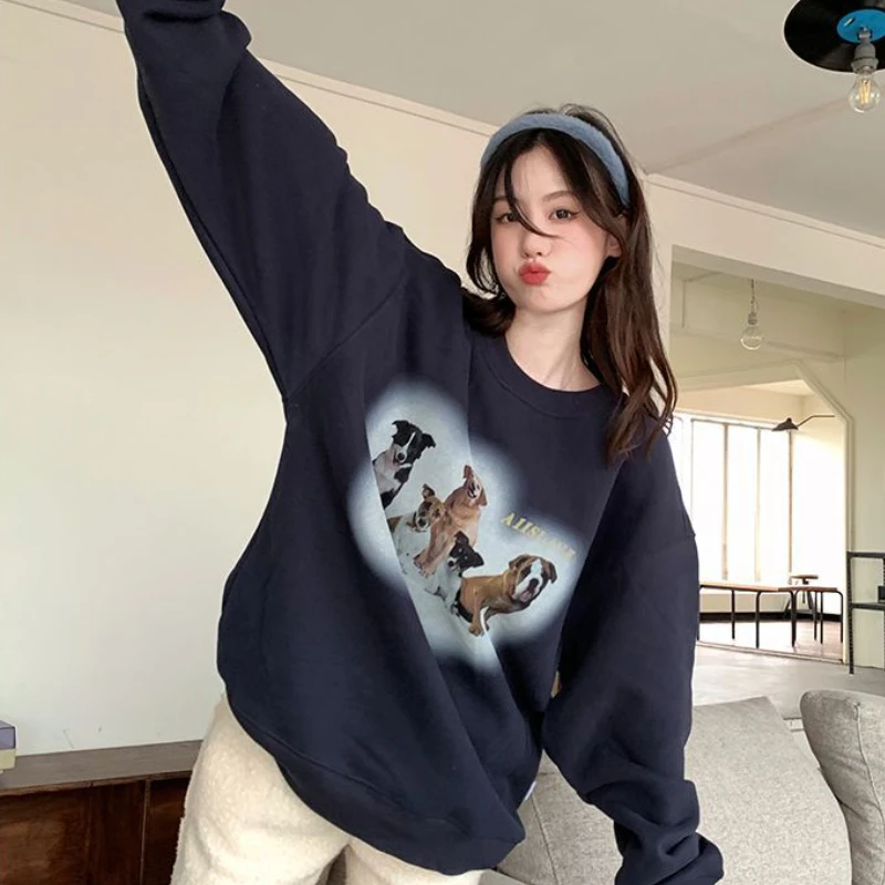 Korean Chic Kawaii Puppy Print Crew-neck Hoodie Lady Autumn Winter High Street Hippop Sweatshirt Y2k Aesthetic Casual Tops 2000s