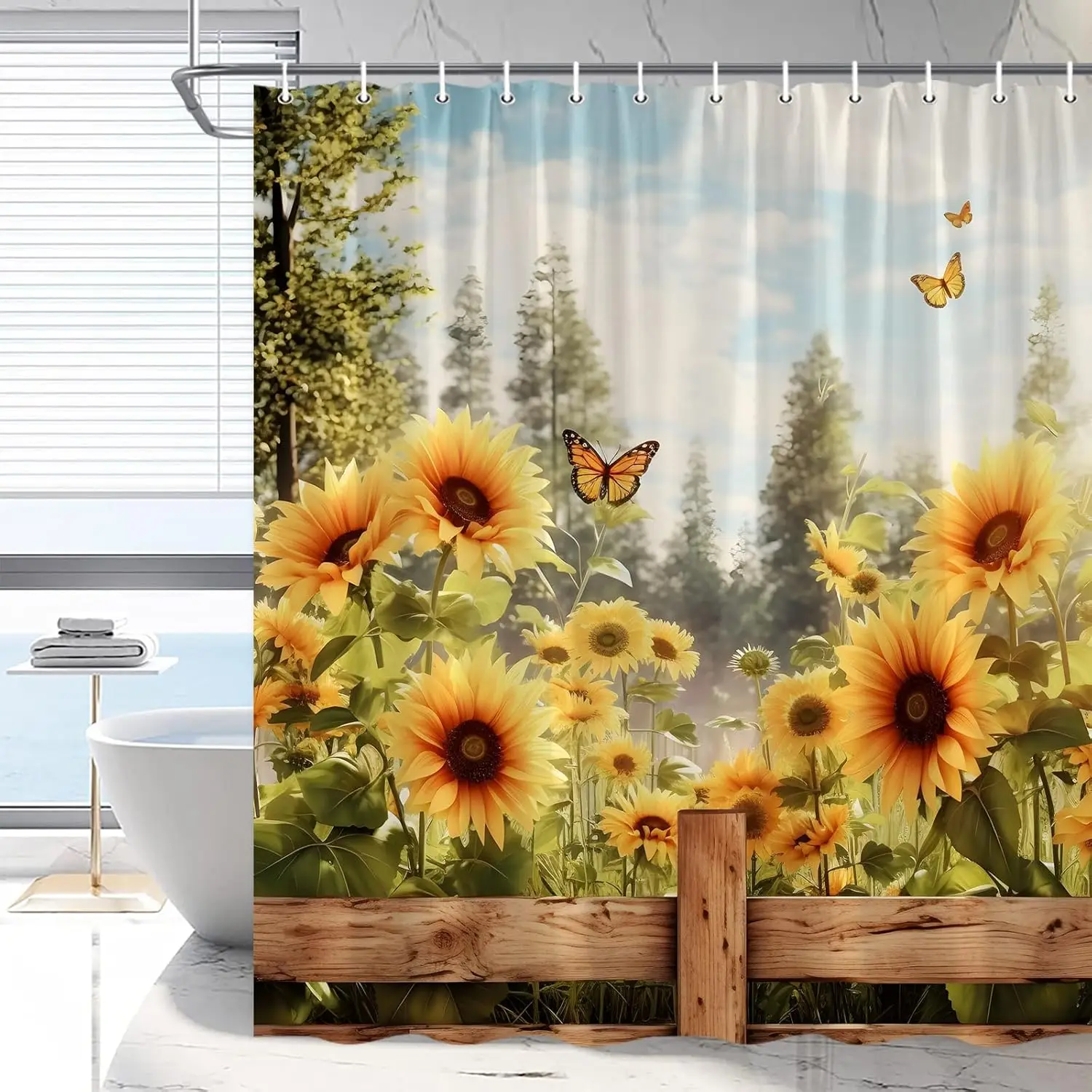 

Rustic Sunflower Shower Curtain Butterfly Vintage Cottage Yellow Wildflowers Funny Natural Plant Rustic Wood,All Season Bathroom
