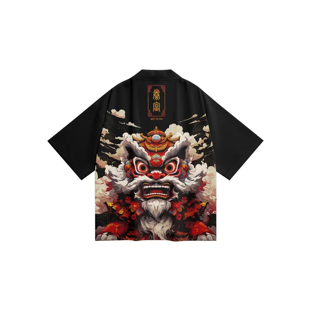 Cardigan Men Black Yukata Haori Women Traditional Asian Clothing Anime Lion Dance Fashion Loose Japanese Cosplay Kimono