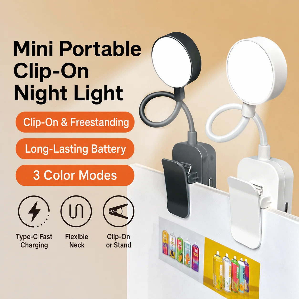 Mini Portable Clip‑on Night Light USB Type‑C Rechargeable Reading Lamp 3 Color Modes Flexible Gooseneck Clamp Lamp For Bed Desk