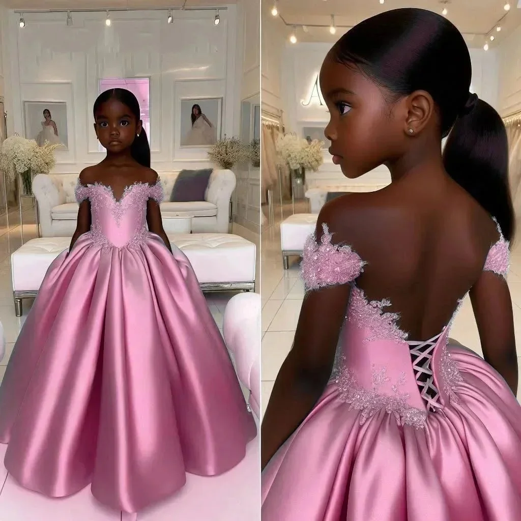 Satin Customized Flower Girl Dress For Wedding Off Shoulder Lace Appliqué With Corset Back Design Birthday First Communion Gown image 4