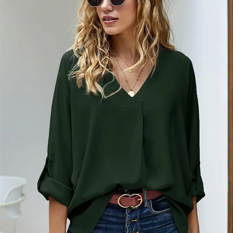 M4XL plus Size Camicetta casual da donna Vestibilità ampia Ladies irts Street Sle Long Sve V-Ne Color Summer Top