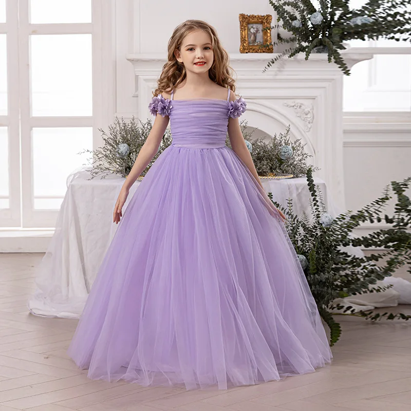 Girls' Purple Princess Dress with Petal Sleeves – Spaghetti Strap Formal Gown for Piano Recitals Toddler Girl Clothes