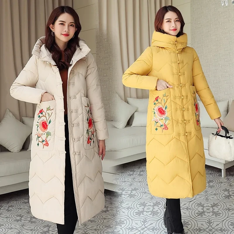 Chaqueta larga con capucha para mujer, Parkas de estilo étnico Retro, abrigo con bolsillo, ropa de algodón gruesa y cálida, abrigo de nieve, moda de