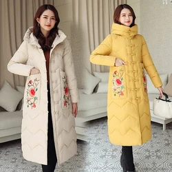 Mulheres estilo étnico Parkas longas, senhoras com capuz casaco de bolso, roupa grossa de algodão quente, casaco de inverno, casaco de neve, moda retrô