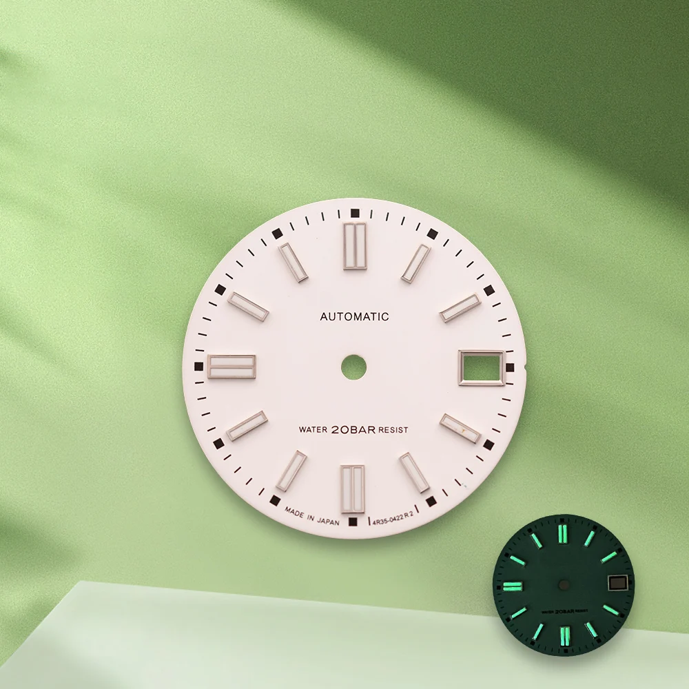 28,5 mm S-Logo, mattes Zifferblatt, keine Zeiger, passend für NH35/NH36/4R/7S, japanisches Uhrwerk, grün leuchtendes, seeblaues Uhrenmodifikationszubehör