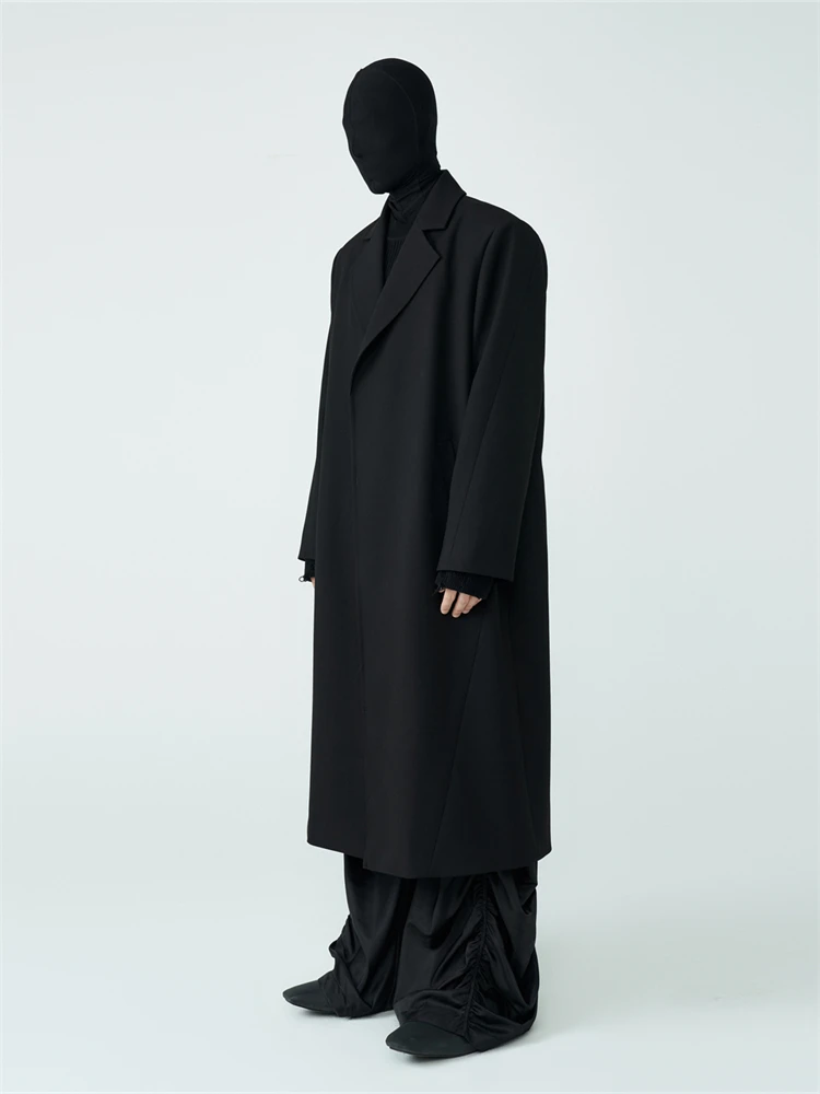 Gabardinas largas de lana para hombre, gabardina de lana sin botones, hombreras holgadas, abrigo negro empalmado de longitud media