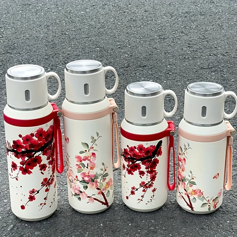 

1pc Chinese-style red plum blossom powder peach blossom 600ml/800ml stainless steel water bottle - High appearance quality cup