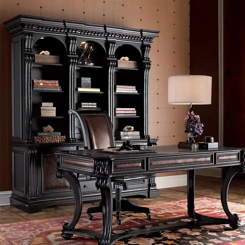 European antique old light luxury high-end study carved solid wood bookcase leather decorative storage cabinet