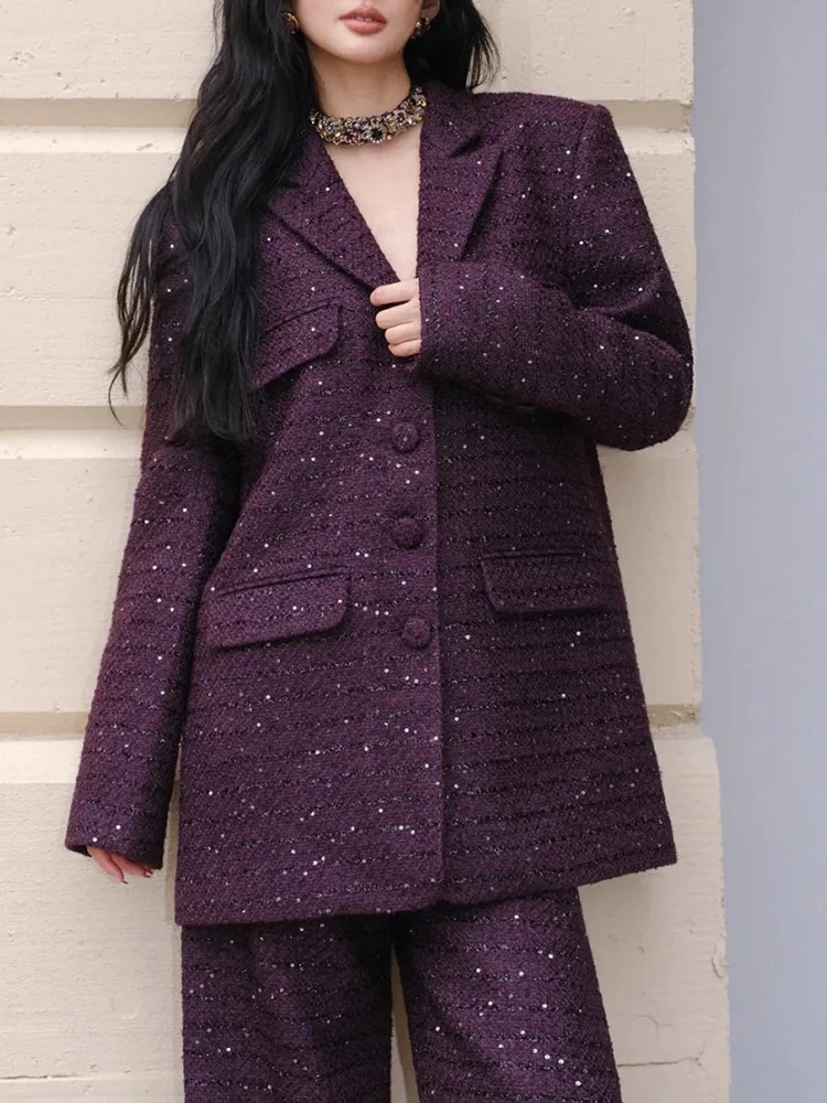 YERMORA Purple Sequins Temperament Two-piece Set Suit Lapel Blazer And Wide Leg Pants Fashion Tide Spring Autumn 2024 New A73