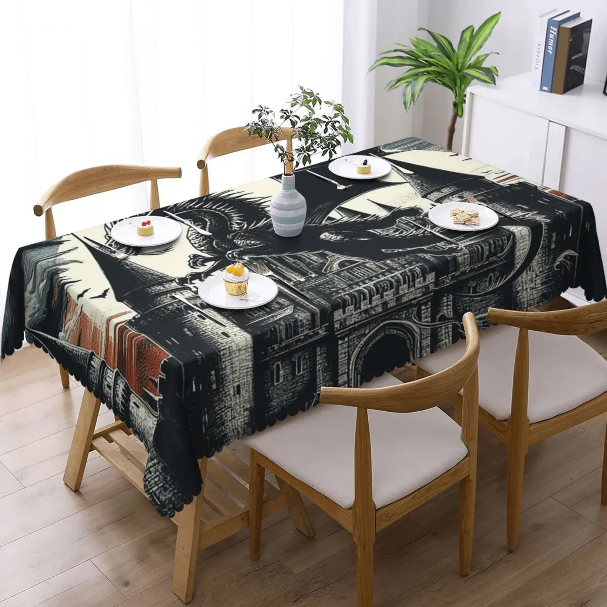 Fantasy Mythical Dragon And Castle Customized Rectangular Tablecloth Oilproof Table Cover for Dining Events Table Cloth
