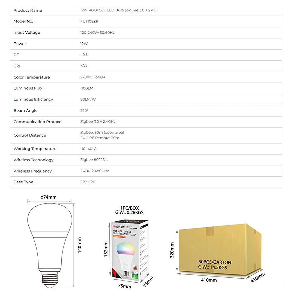 Miboxer FUT105ZR Zigbee 3.0+2.4GRF AC100-240V Smart TUYA  12W E27 RGB+CCT Brightness and color temperature adjustable LED Bulb