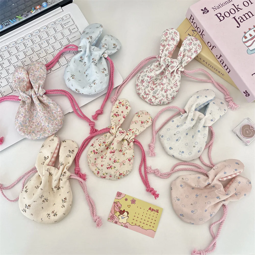 Cute Rabbit Ears Women's Small Drawstring Storage Bags Outdoor Portable Lipstick Cosmetic Bag Plaid Floral Makeup Clutch Purse