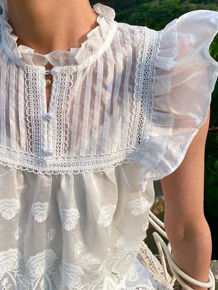 JHJN Hollow Out Lace Crochet Ear Fungus Edge Stand Collar Tencel Shirt Französische Damenbekleidung Socialite Style Ärmelloses Top