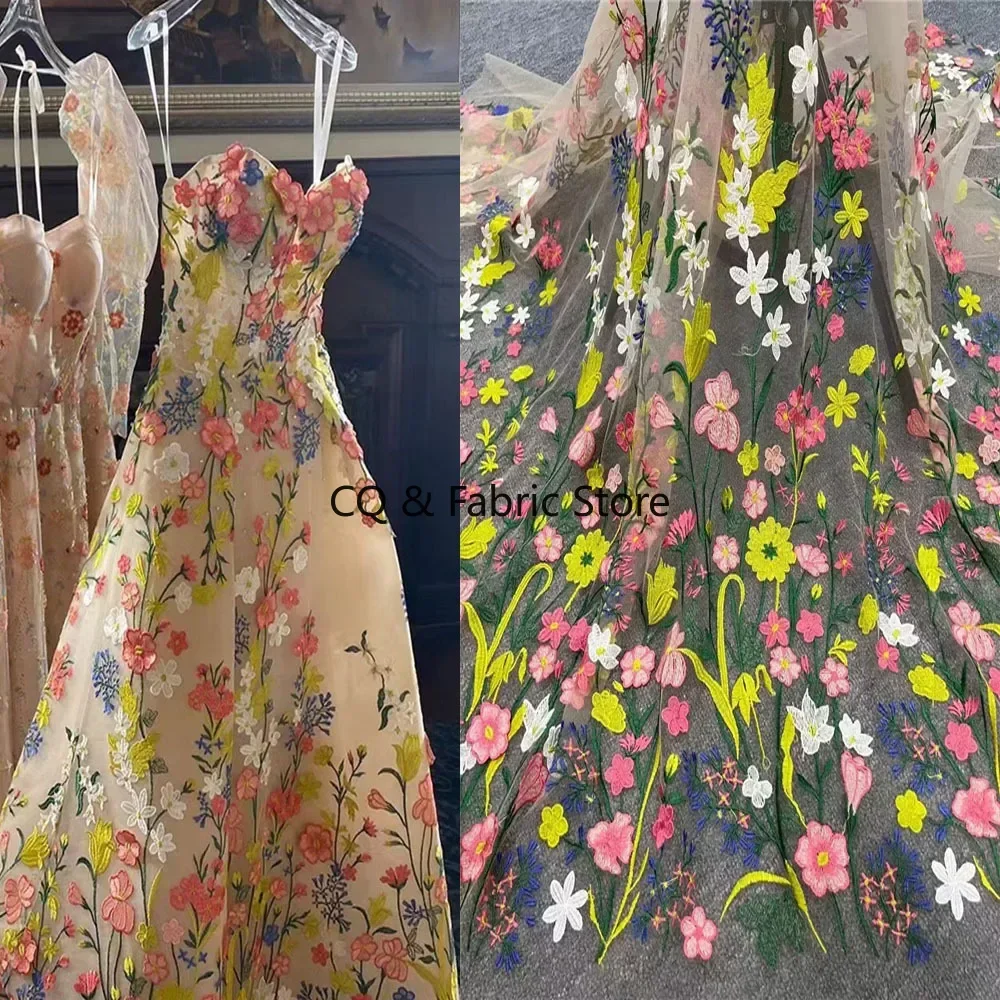 New Mesh Multi color Three dimensional Embroidery Lace Fabric Exquisite Wedding Dress Evening Dress Designer Fabric