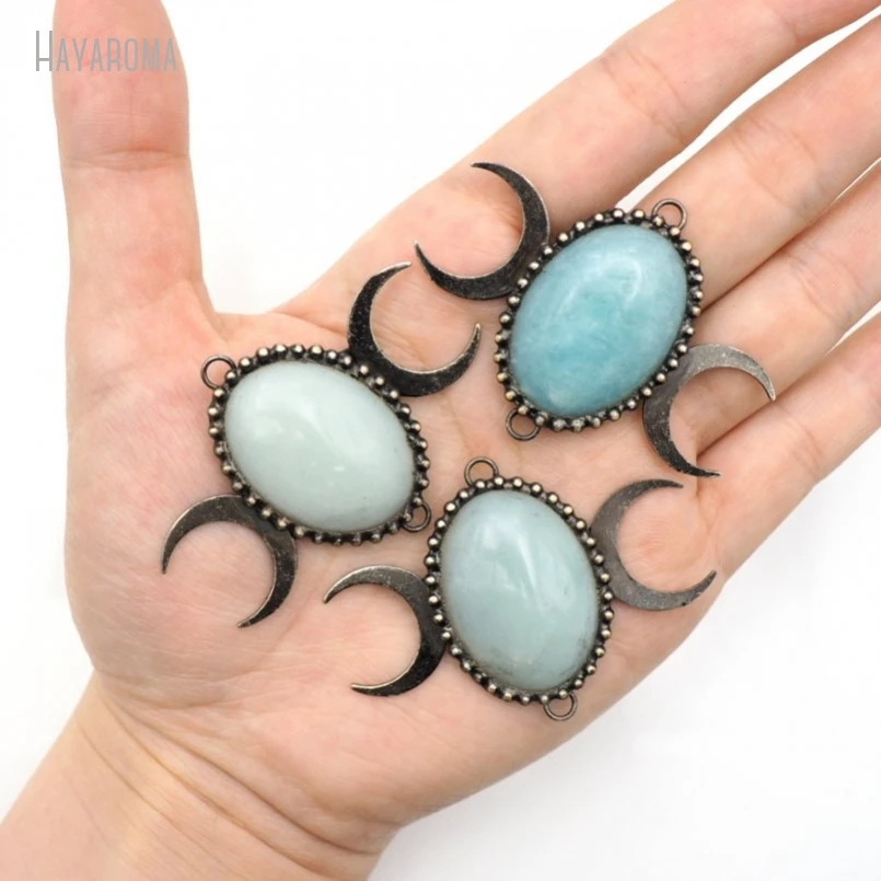 

10Pcs Wholesale Soldered Crescent Moon Oval Vintage Boho Witch Handmade Jewelry Antique Silver Color Amazonite Pendant PM50126