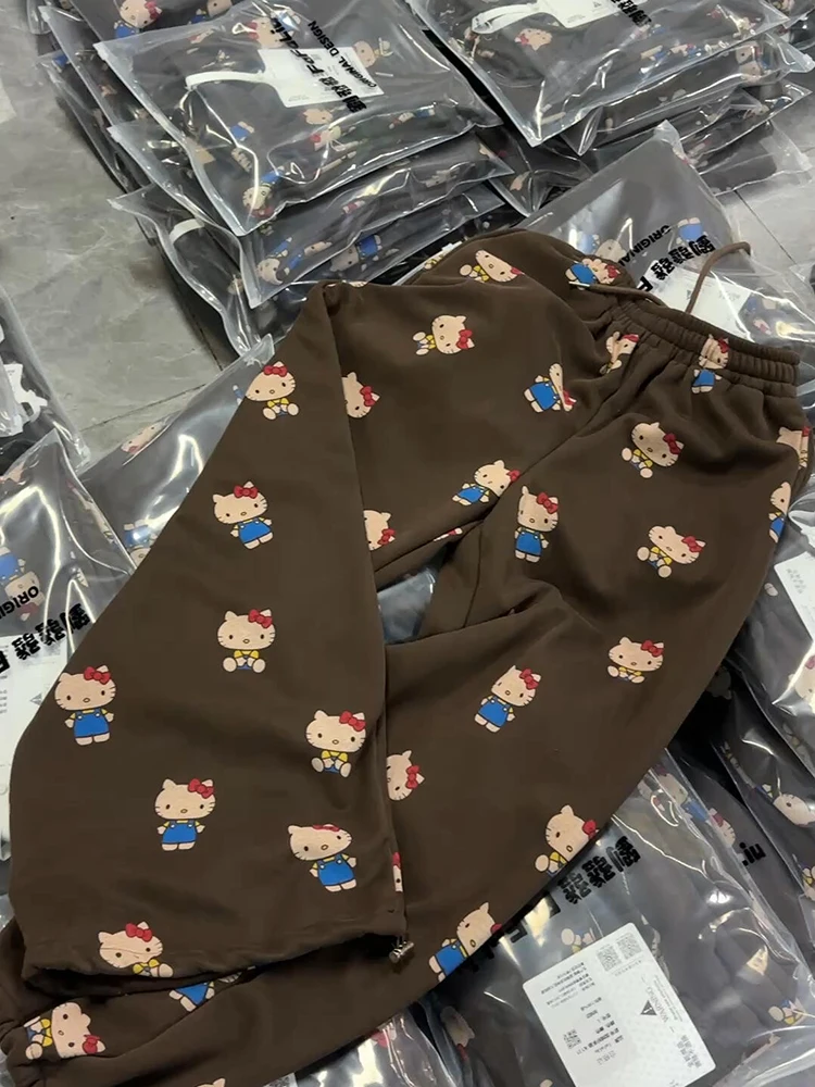 

Retro American Kit Print Wide Leg Pants Women's Autumn Winter Thiened Fce Casual Sports Trousers Loose Drapey Sle