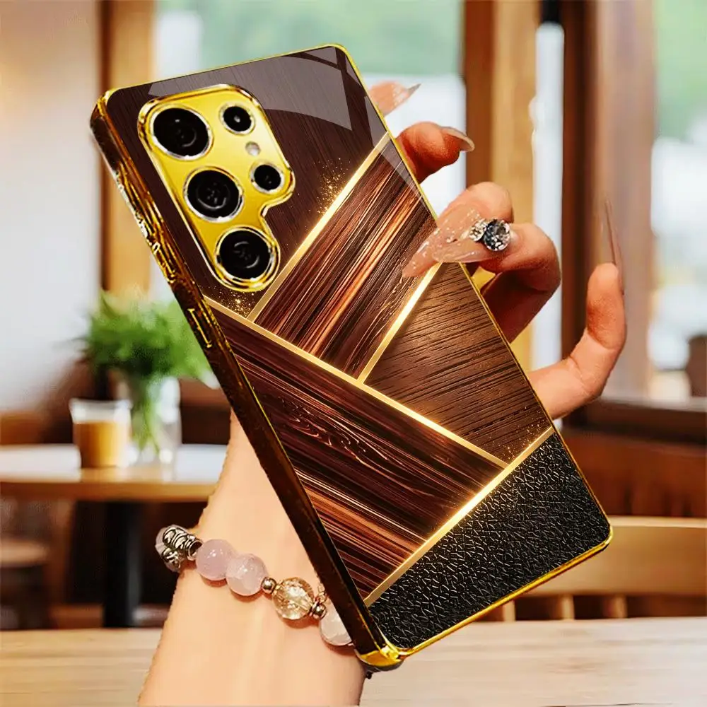 Golden Fashion Wood Tempered Glass Fashion phone case for Samsung Galaxy S26/S25/S24/S23/S22/S21 FE Ultra Plus Dropresistant