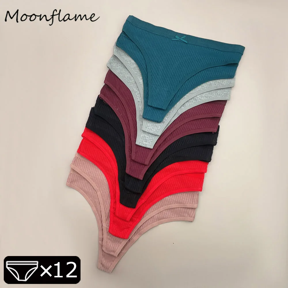 

Moonflame 12Pcs Women's Cotton Panties Sexy Comfortable Striped Underwear Low-waist Soild Thongs Girl Soft G-String Lingerie