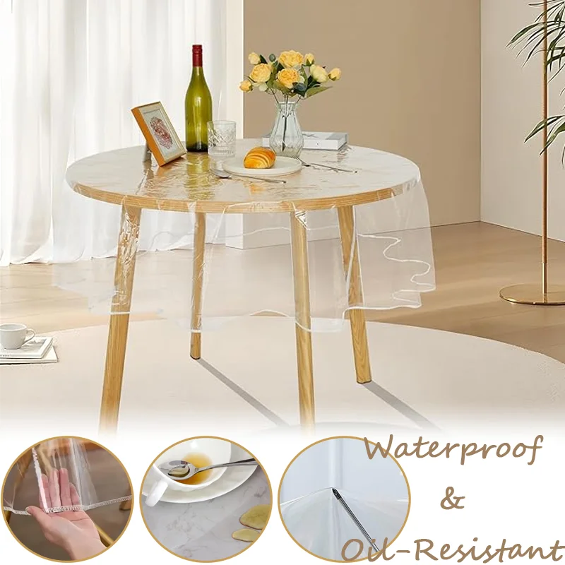 1PC Simple Design Waterproof/Oil-resistant Transparent PVC Stitched Edge Round/Square Tablecloth for Kitchen/Parties/Banquets