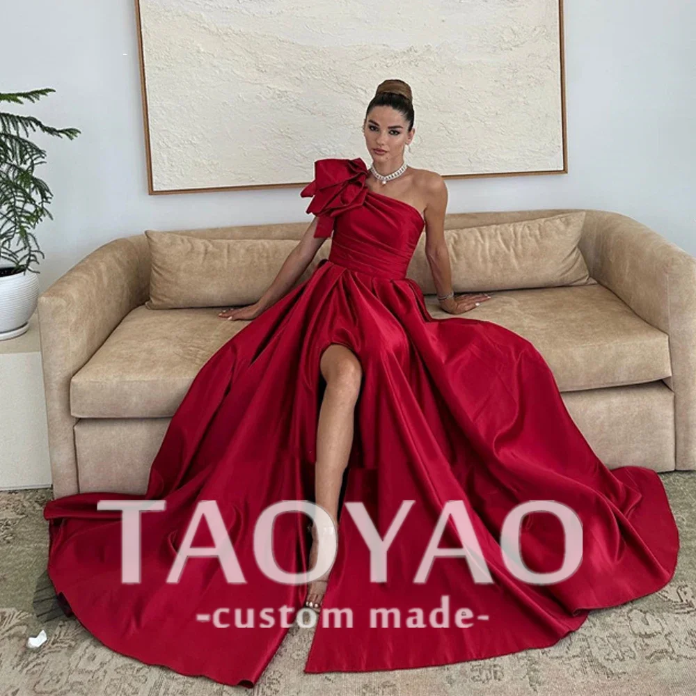 Red Satin Evening Dresses Long One Shoulder Bow Split Prom Gowns Formal Party Occasion Dress 2024 Celebrity Gowns For Women